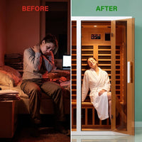 2 Person Extendable FAR Infrared Sauna for Home, Hemlock Wood Low EMF 6 Carbon Heaters Indoor Saunas with LED Lights, Bluetooth Speaker, Digital Control Panel, and Seating Bench — Before & After