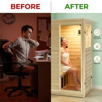 Far Infrared Sauna European Aspen Wood 1 Person Infrared Sauna for Home 905W Low EMF Mini Indoor Sauna with Bluetooth Speakers, Right Door — Before & After