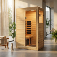 Far Infrared Sauna European Aspen Wood 1 Person Infrared Sauna for Home 905W Low EMF Mini Indoor Sauna with Bluetooth Speakers, Right Door — Studio Shot