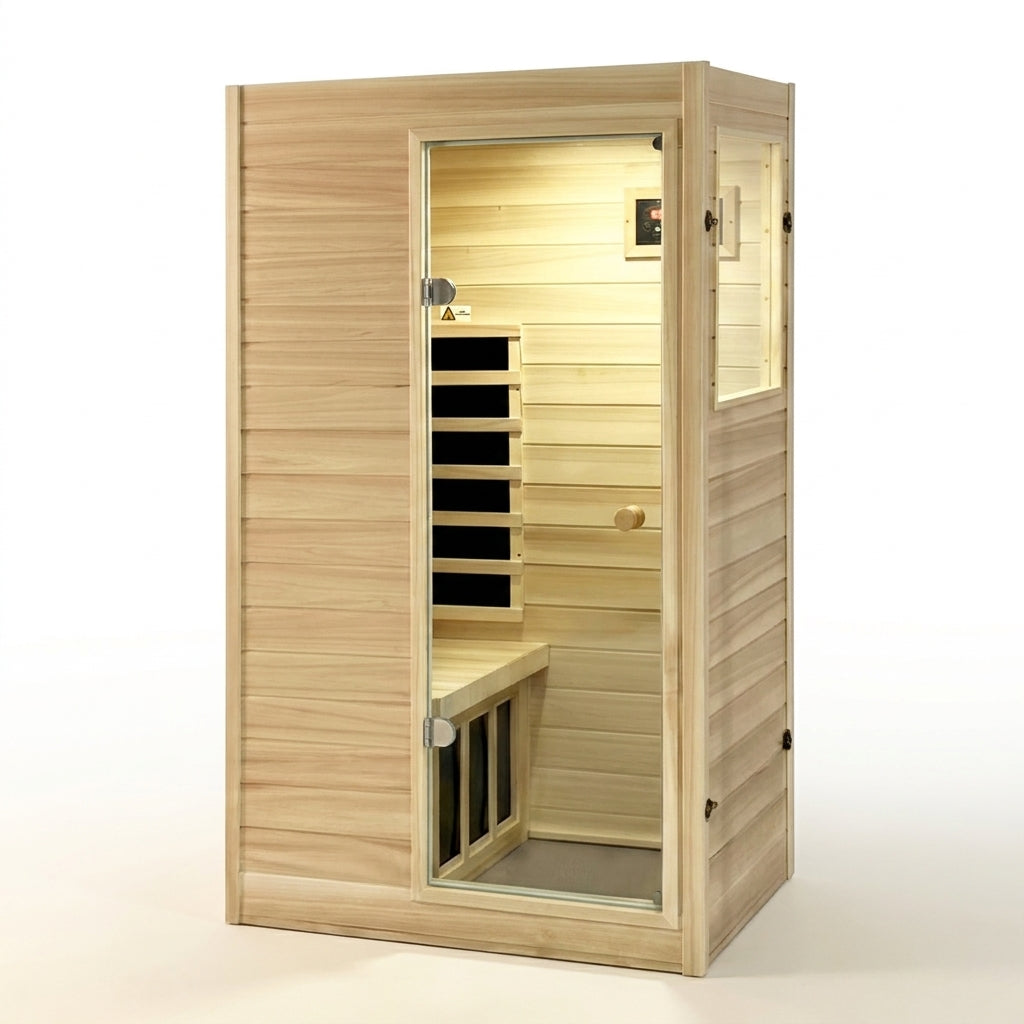 Far Infrared Sauna European Aspen Wood 1 Person Infrared Sauna for Home 905W Low EMF Mini Indoor Sauna with Bluetooth Speakers, Right Door — Studio Shot