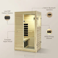Far Infrared Sauna European Aspen Wood 1 Person Infrared Sauna for Home 905W Low EMF Mini Indoor Sauna with Bluetooth Speakers, Right Door — infographic