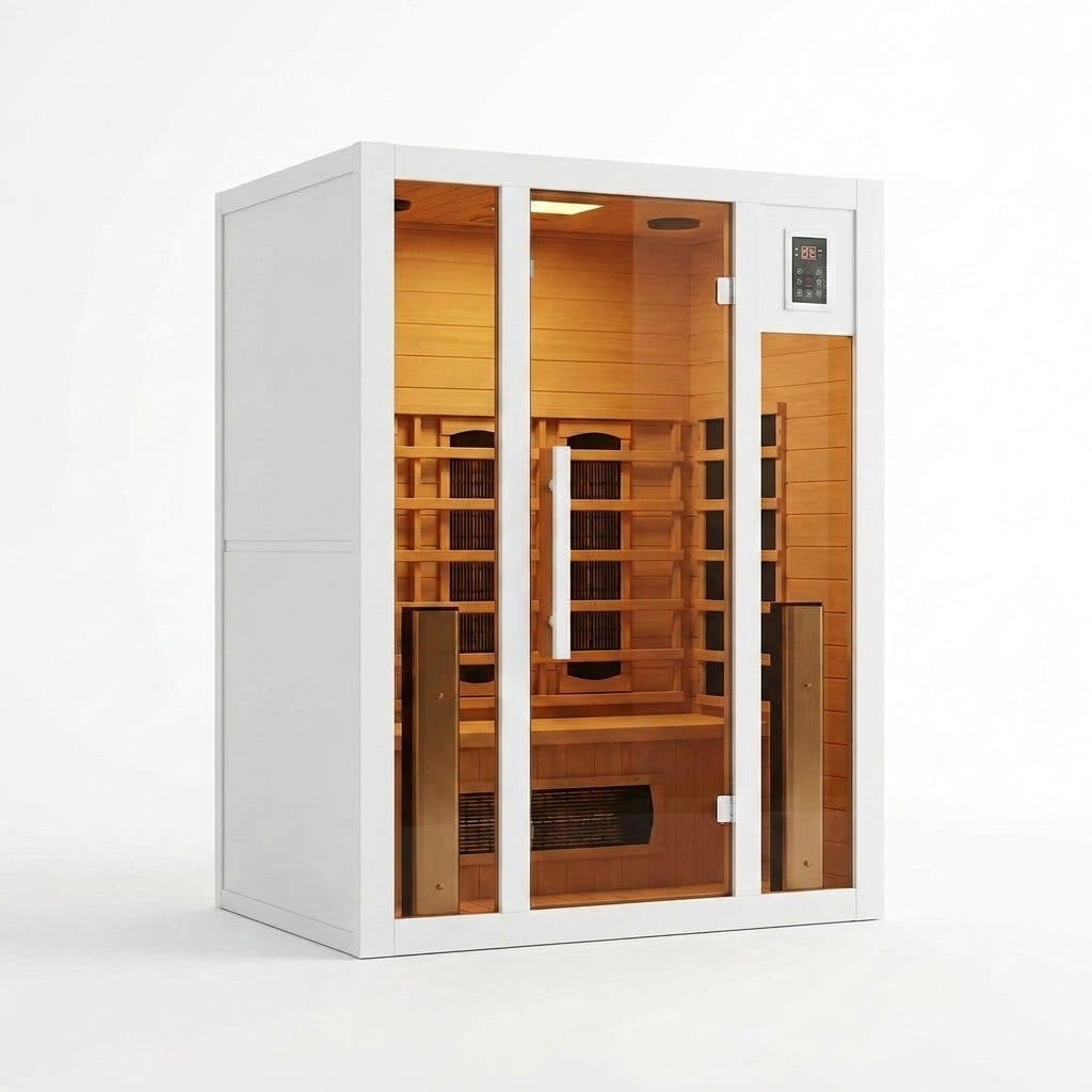 Infrared Sauna Built for Home Relaxation, 2 Person Capacity, Hemlock Wood, Low EMF 6 Carbon Heaters — Studio Shot