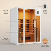 Infrared Sauna Built for Home Relaxation, 2 Person Capacity, Hemlock Wood, Low EMF 6 Carbon Heaters — infographic